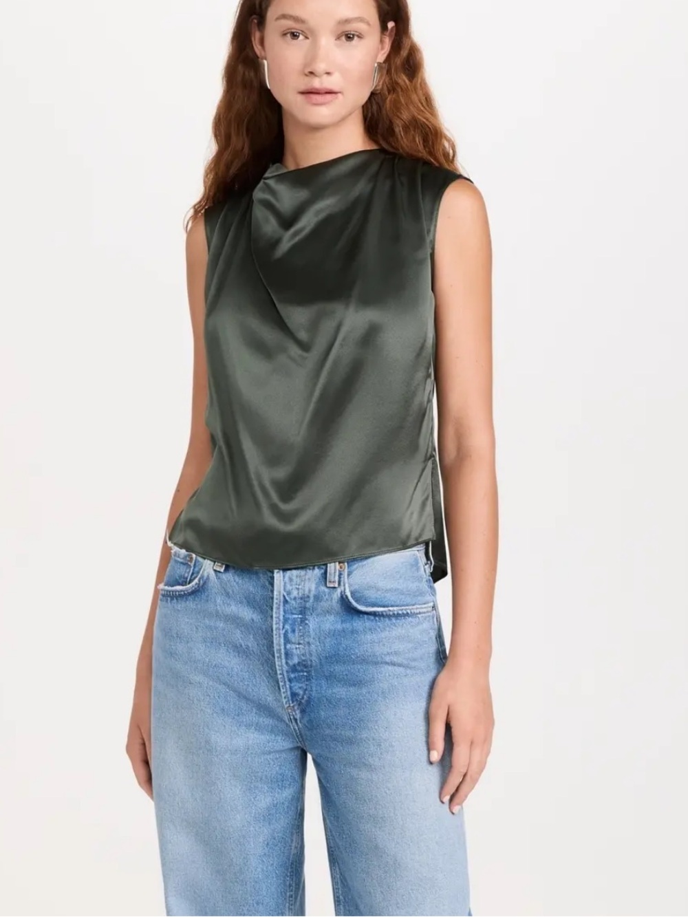 Amanda Uprichard Small Silk Satin Cowl Neck Sleeveless Top Green Gray